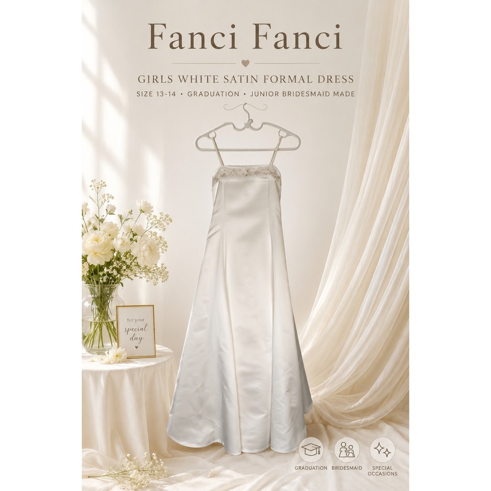 Girls White Satin Formal Dress Size 13-14 Graduation Junior Bridesmaid Made USA